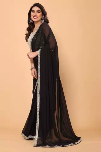 black georgette sequin border saree with unstitched blouse