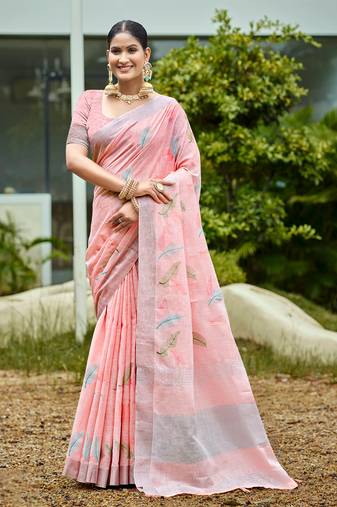 peach linen woven work traditional saree