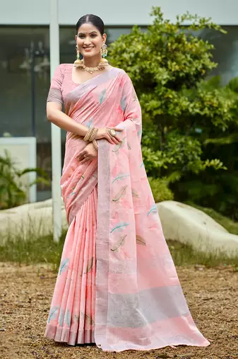 peach linen woven work traditional saree