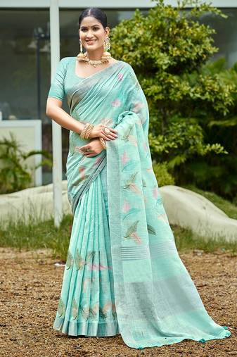 aqua blue linen woven work traditional saree