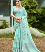 aqua blue linen woven work traditional saree