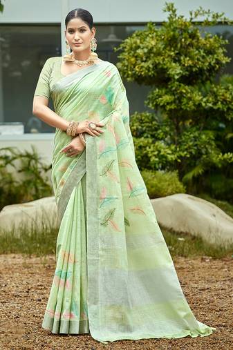 light green linen woven work traditional saree