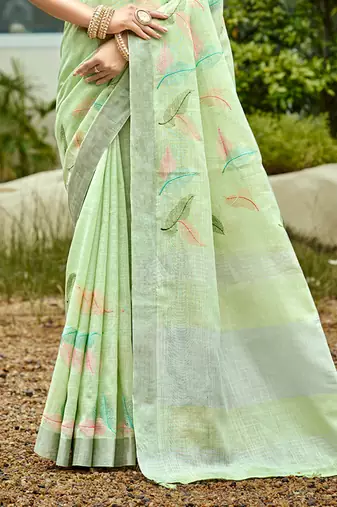 yellow linen woven work traditional saree