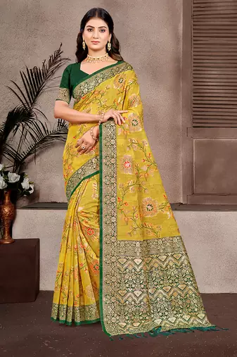 mustard cottan silk blend with meena woven work traditional saree