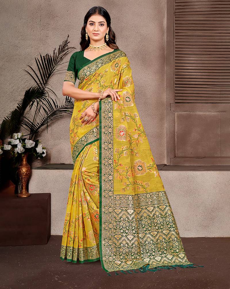 mustard cottan silk blend with meena woven work traditional saree