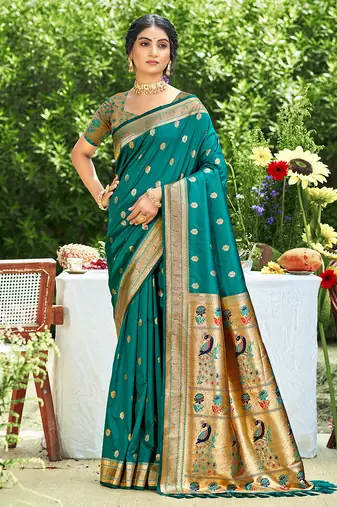 rama green silk blend woven work traditional saree