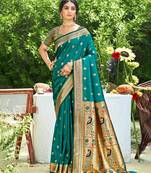 rama green silk blend woven work traditional saree