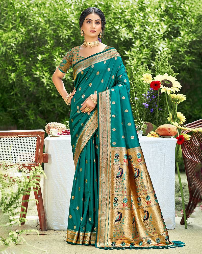 rama green silk blend woven work traditional saree