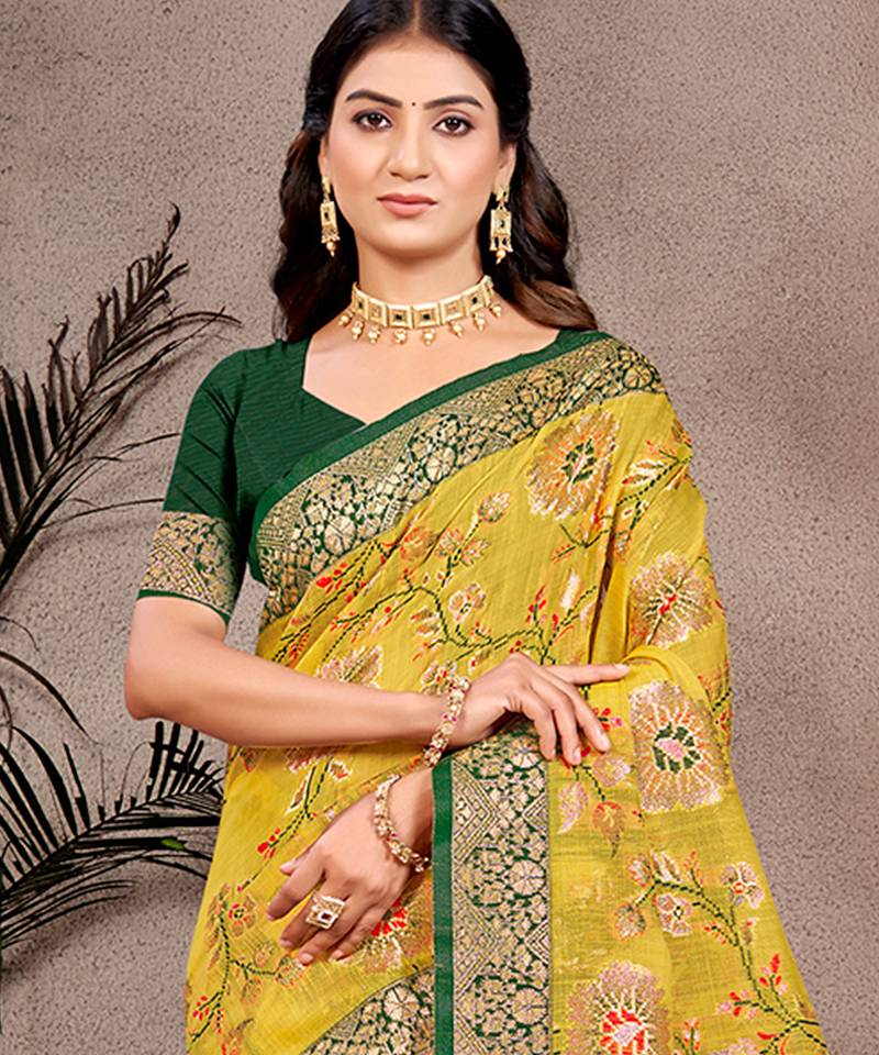 mustard cottan silk blend with meena woven work traditional saree