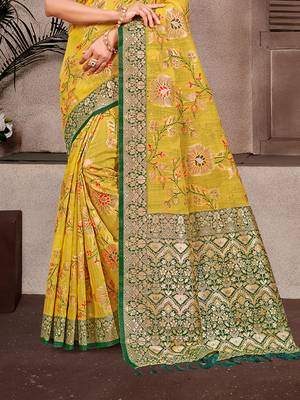 mustard cottan silk blend with meena woven work traditional saree 3