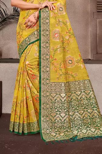 mustard cottan silk blend with meena woven work traditional saree