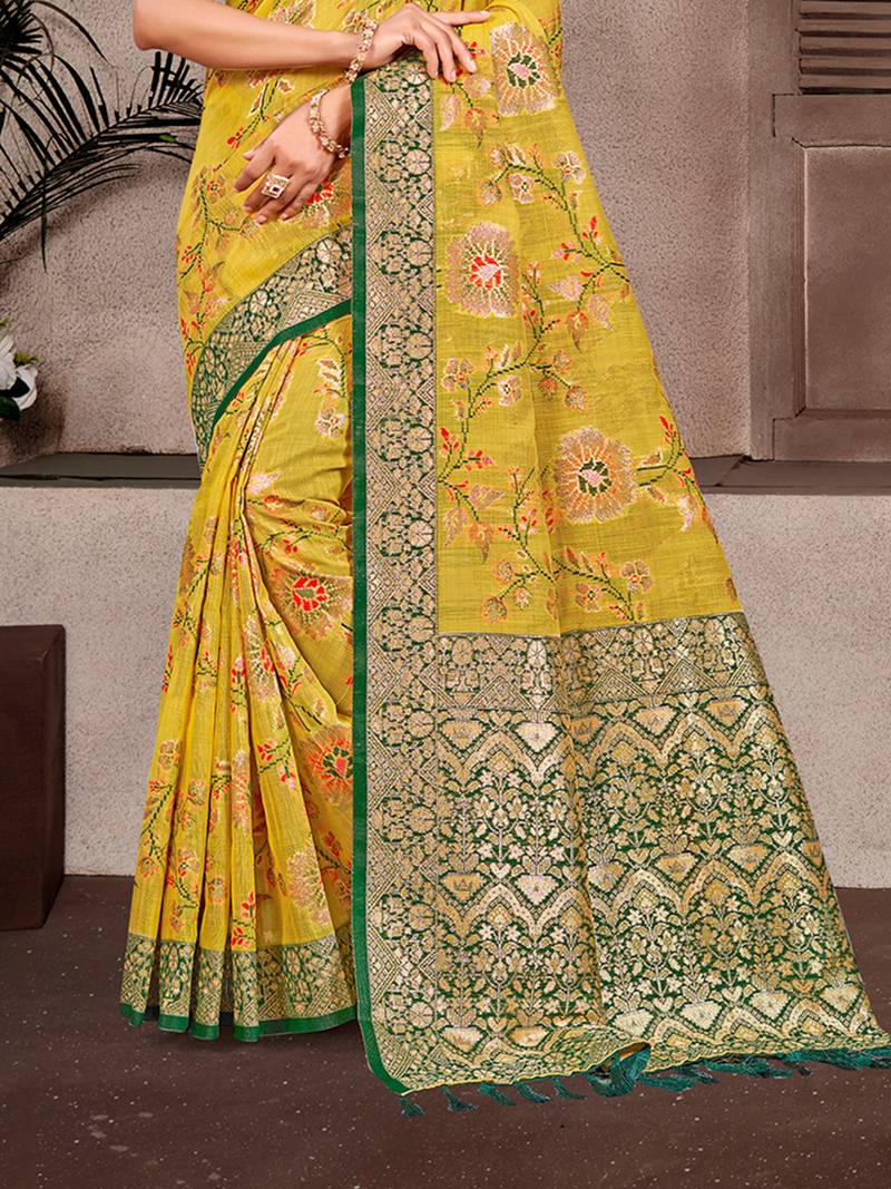 mustard cottan silk blend with meena woven work traditional saree