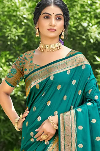 rama green silk blend woven work traditional saree