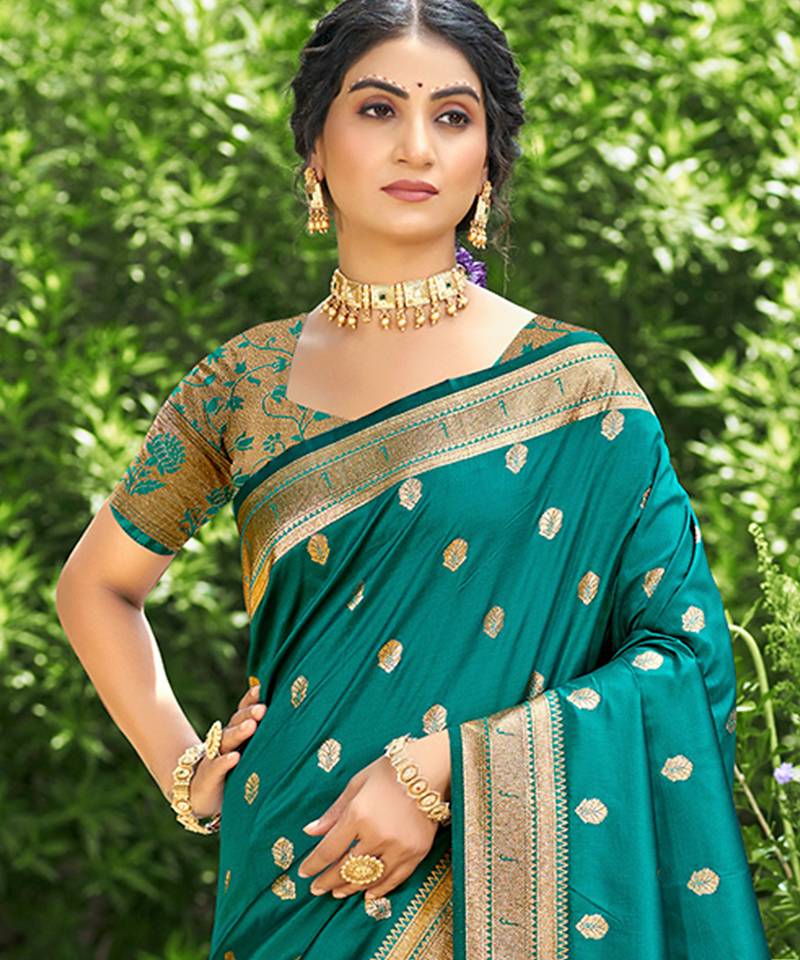 rama green silk blend woven work traditional saree