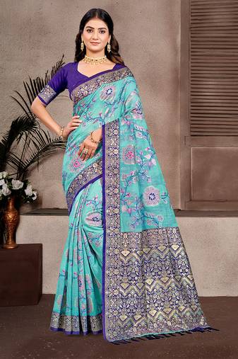 sky blue cottan silk blend with meena woven work traditional saree