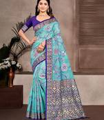 sky blue cottan silk blend with meena woven work traditional saree