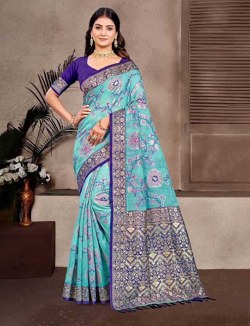 sky blue cottan silk blend with meena woven work traditional saree