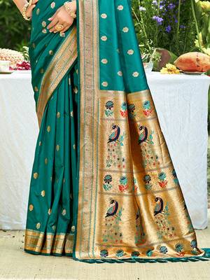 rama green silk blend woven work traditional saree 3