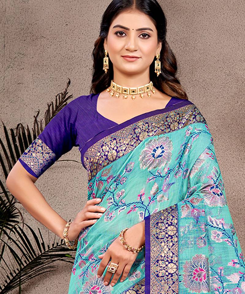 sky blue cottan silk blend with meena woven work traditional saree