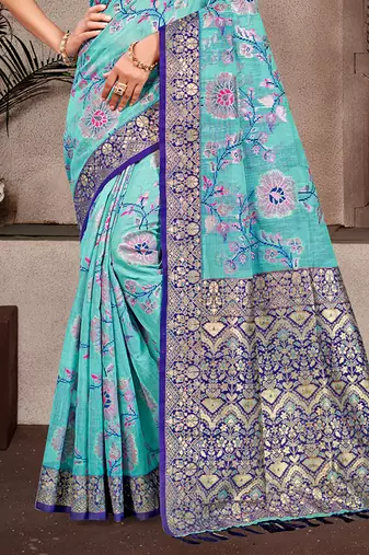 sky blue cottan silk blend with meena woven work traditional saree