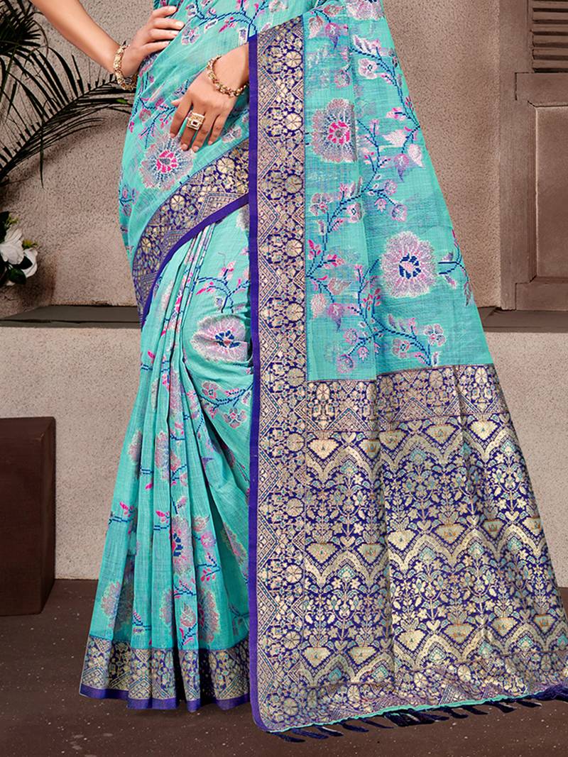 sky blue cottan silk blend with meena woven work traditional saree