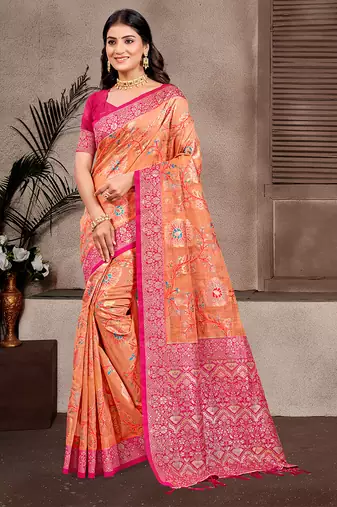 orange   cottan silk blend with meena woven work traditional saree
