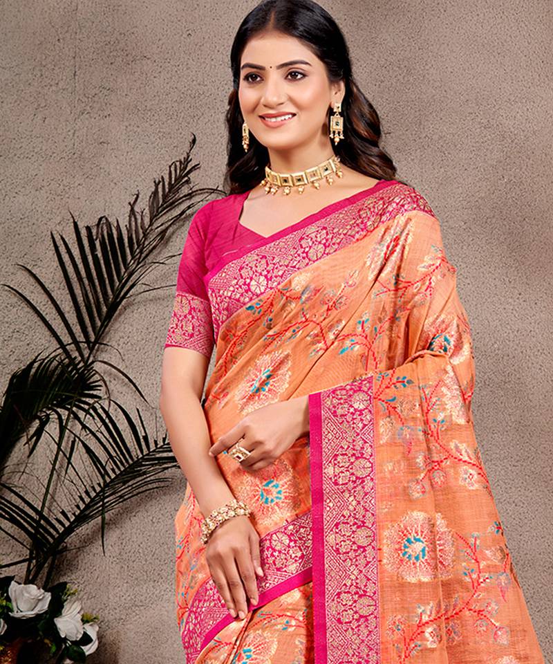 orange   cottan silk blend with meena woven work traditional saree