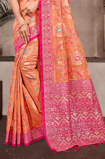 orange   cottan silk blend with meena woven work traditional saree