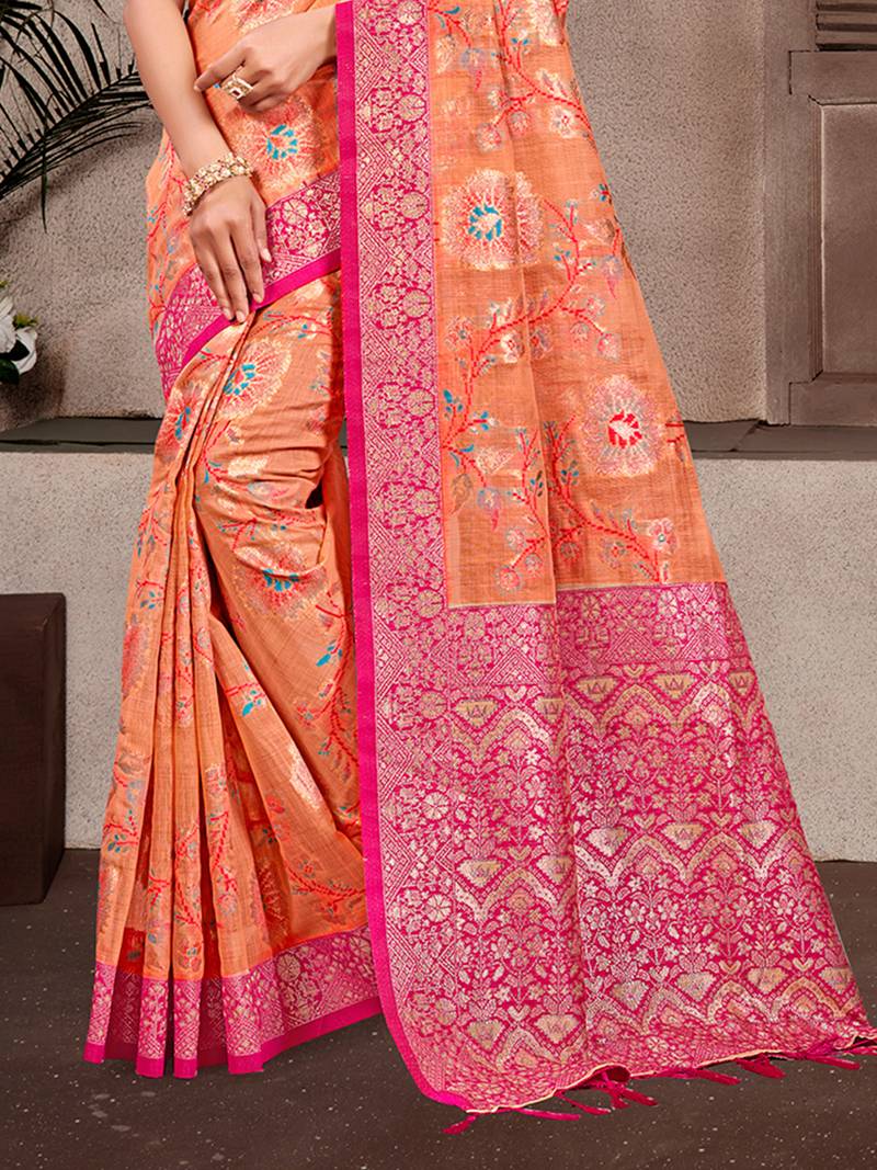 orange   cottan silk blend with meena woven work traditional saree