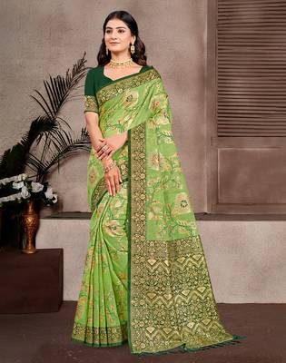 light green cottan silk blend with meena woven work traditional saree 1