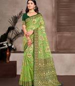 light green cottan silk blend with meena woven work traditional saree