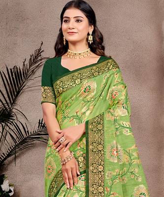 light green cottan silk blend with meena woven work traditional saree 2
