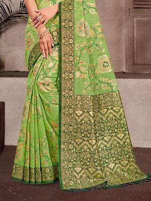 light green cottan silk blend with meena woven work traditional saree 3