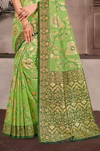 light green cottan silk blend with meena woven work traditional saree