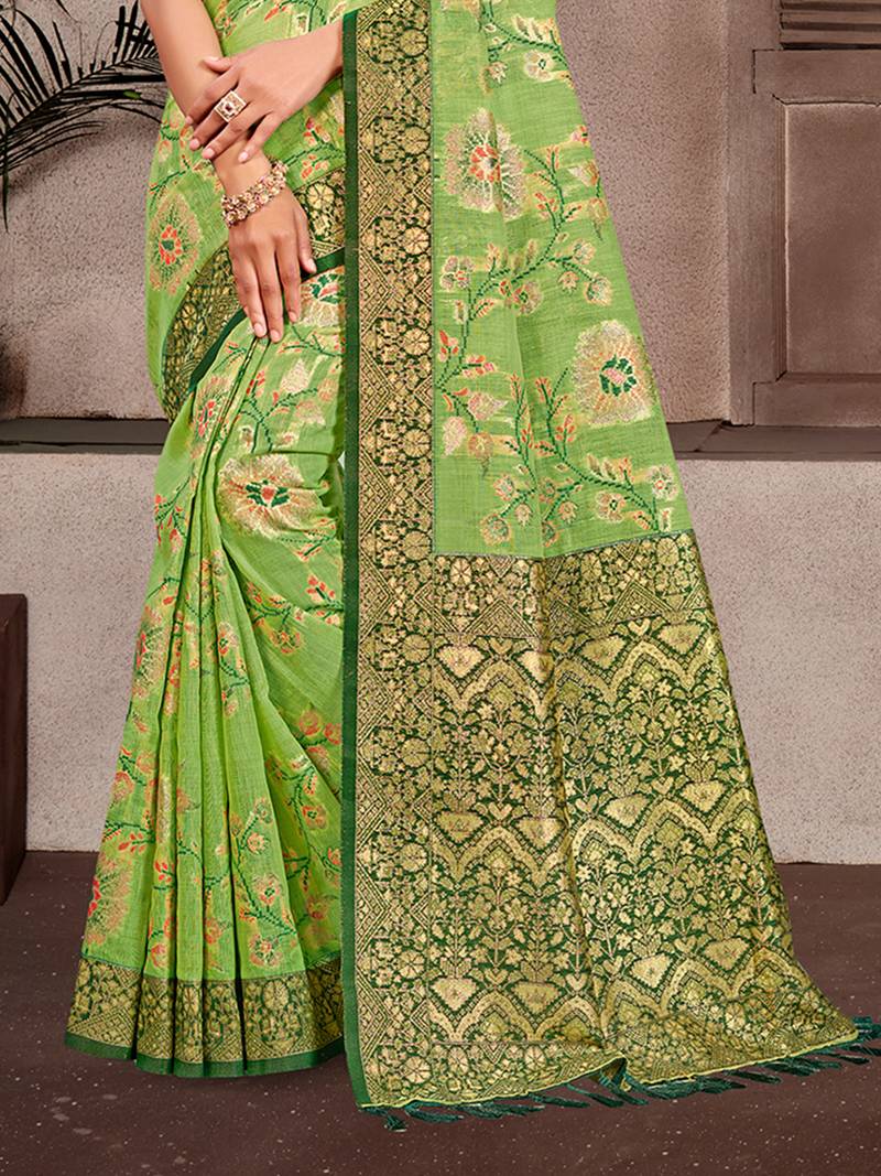 light green cottan silk blend with meena woven work traditional saree