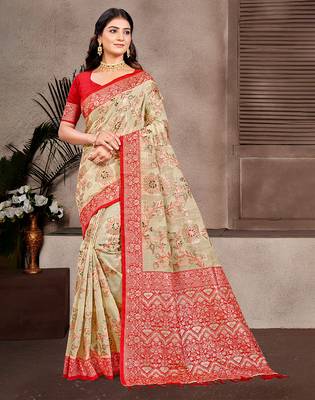 beige cottan silk blend with meena woven work traditional saree 1