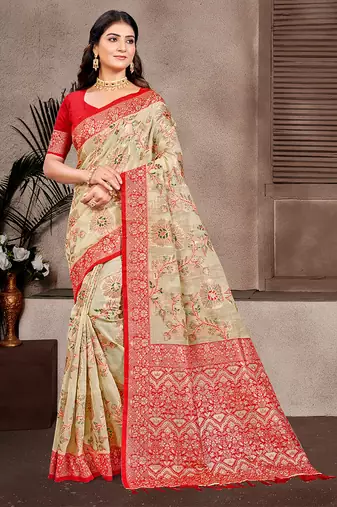 beige cottan silk blend with meena woven work traditional saree