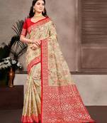 beige cottan silk blend with meena woven work traditional saree