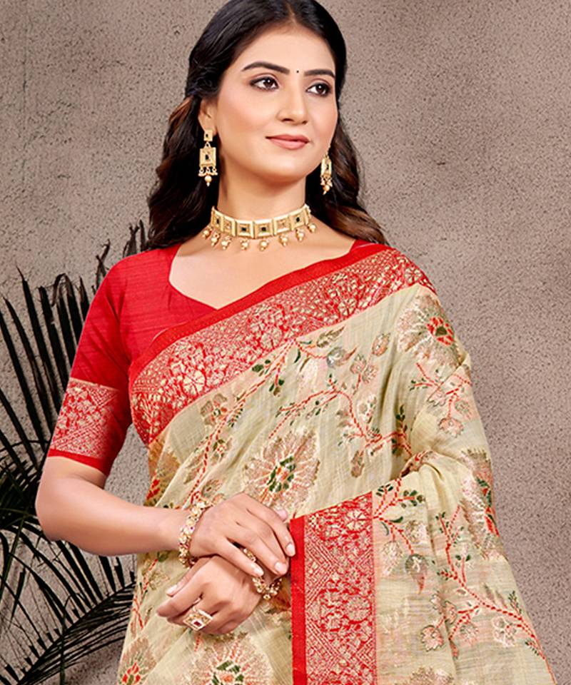 beige cottan silk blend with meena woven work traditional saree