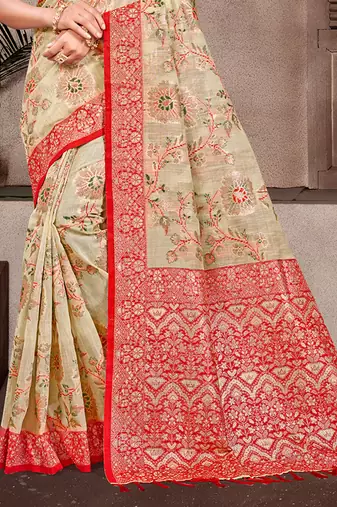beige cottan silk blend with meena woven work traditional saree
