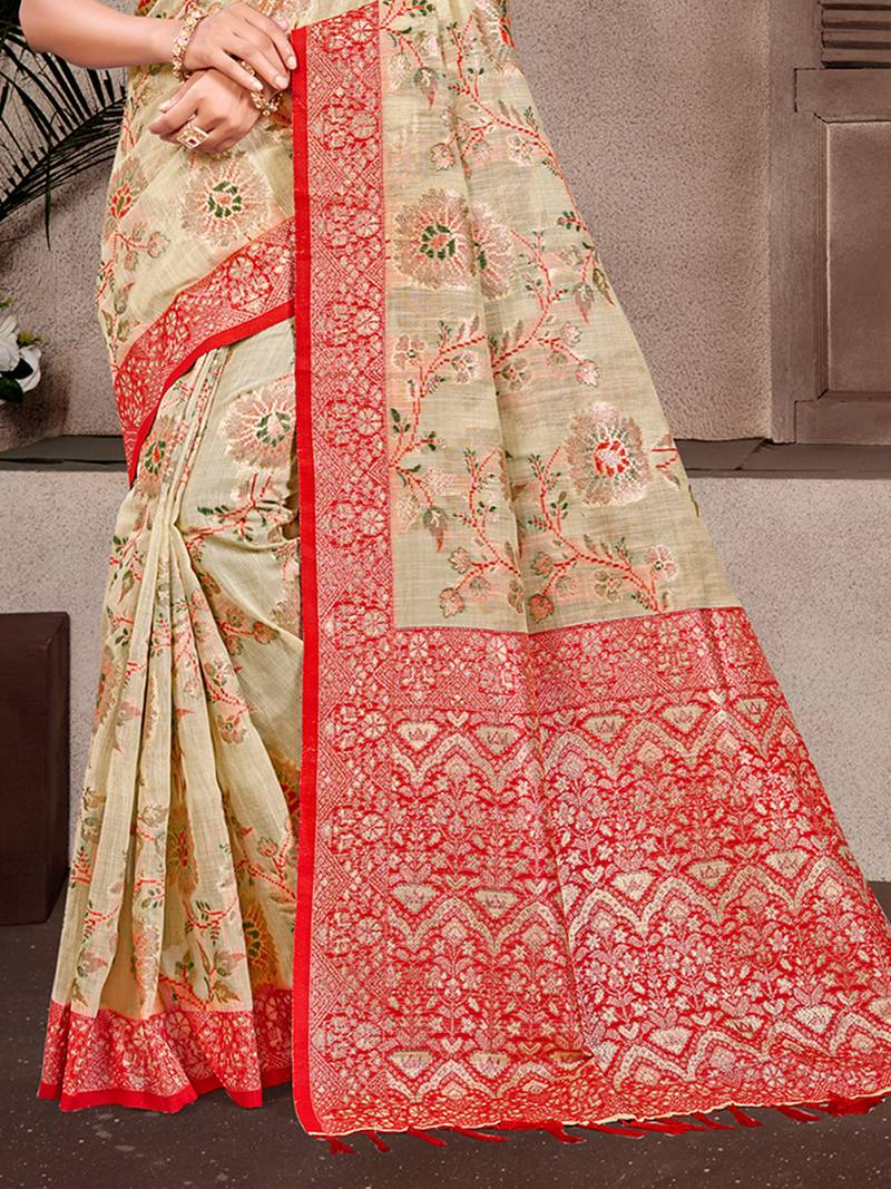 beige cottan silk blend with meena woven work traditional saree