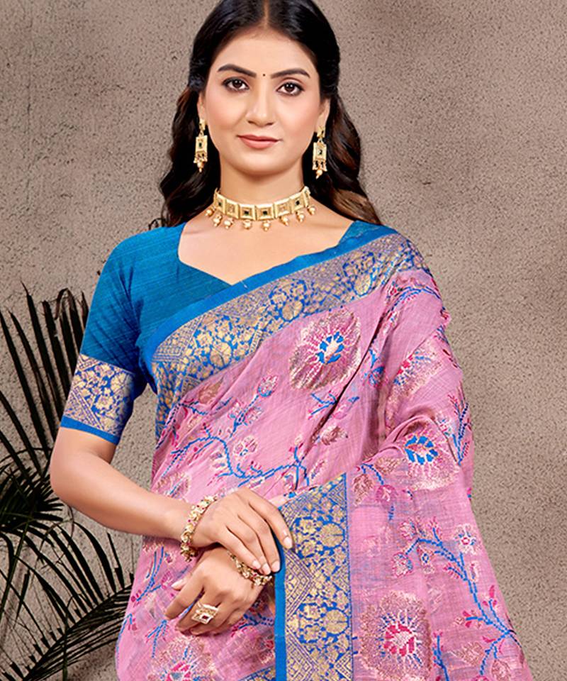light pink cottan silk blend with meena woven work traditional saree