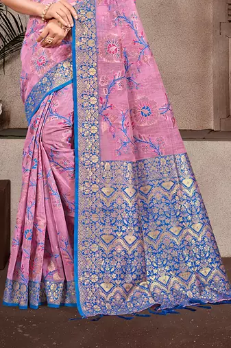 light pink cottan silk blend with meena woven work traditional saree