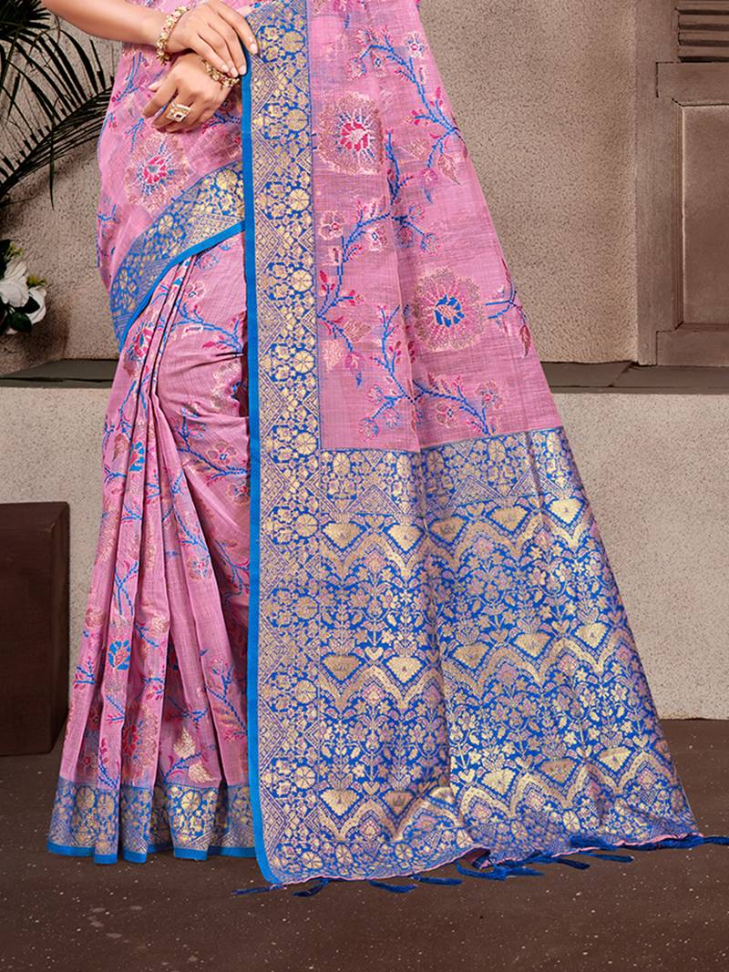 light pink cottan silk blend with meena woven work traditional saree