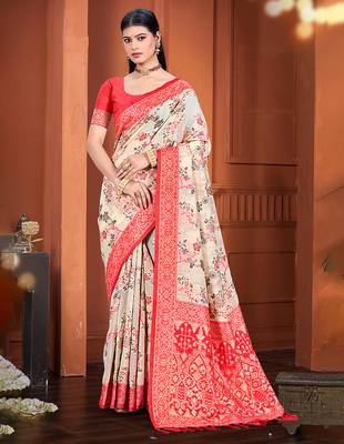 beige cottan silk blend with meena woven work traditional saree 1