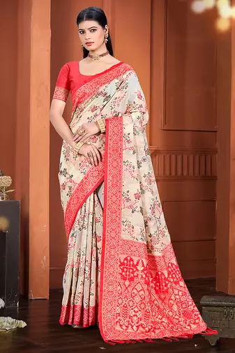 beige cottan silk blend with meena woven work traditional saree
