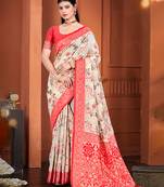 beige cottan silk blend with meena woven work traditional saree