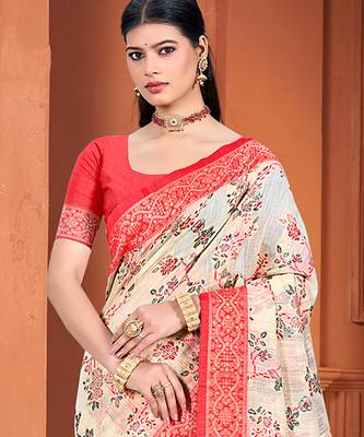 beige cottan silk blend with meena woven work traditional saree 2