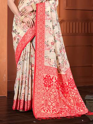 beige cottan silk blend with meena woven work traditional saree 3