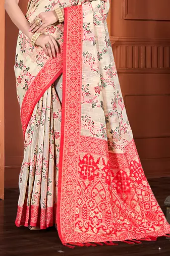 beige cottan silk blend with meena woven work traditional saree